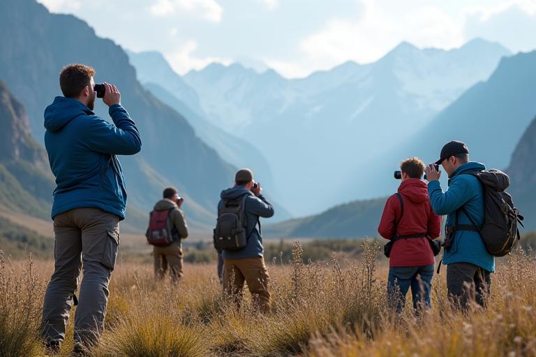 A diverse group of Permafrost Path guides and local researchers thoughtfully observing wildlife from a distance in a pristine mountain valley, emphasizing respectful conservation.