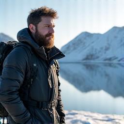 Thoughtful portrait of Liam O'Connell, Permafrost Path founder, looking towards a vast frozen lake, conveying experience and foresight.