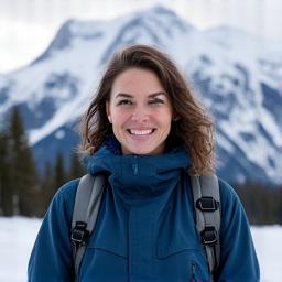 Outdoor portrait of Elara Vance, Permafrost Path lead guide, smiling in front of a snow-capped mountain, wearing professional outdoor gear.