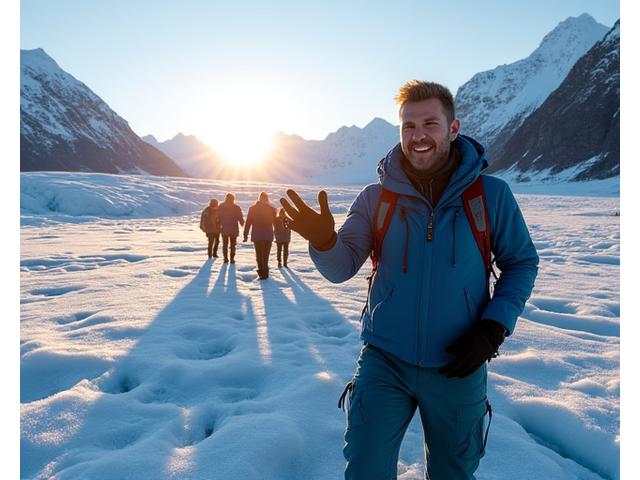 Expert Permafrost Path guide leading a small group across a sparkling glacier with distant mountain peaks under a clear sky.