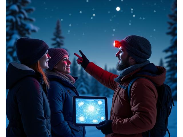An expert astronomer in warm winter gear, pointing to a star chart with a red headlamp, teaching a small group how to identify constellations under a dark, star-filled winter sky.