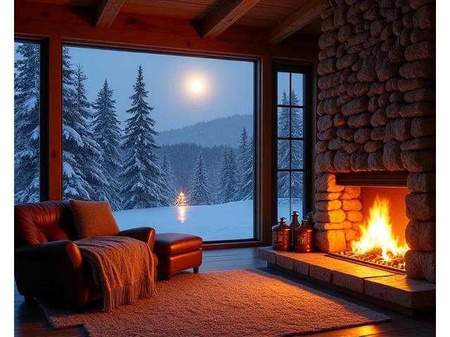 Cozy, warmly lit cabin interior with a fireplace, comfortable seating, and large windows looking out to a snowy, moonlit landscape.