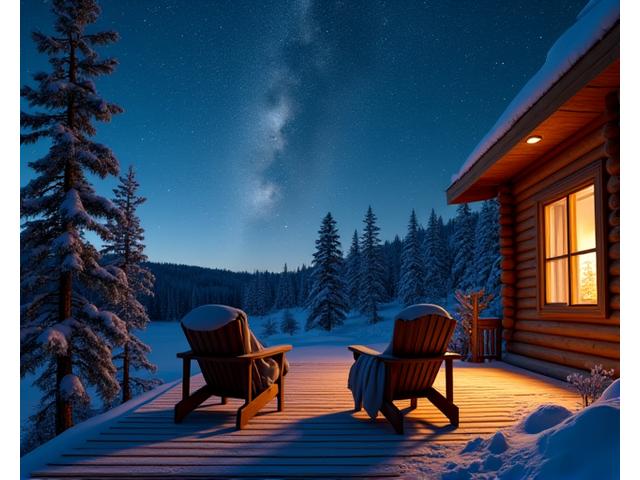An inviting outdoor viewing deck attached to a remote cabin, equipped with comfortable Adirondack chairs and blankets, under a clear, star-studded dark sky.