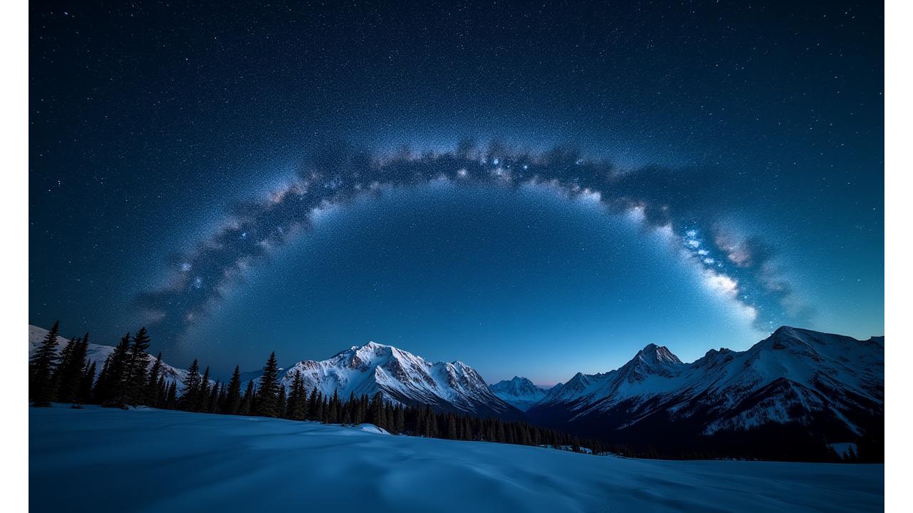 Stunning expanse of the Milky Way galaxy stretching across a Banff winter night sky, with silhouettes of snow-laden Rockies peaks below.