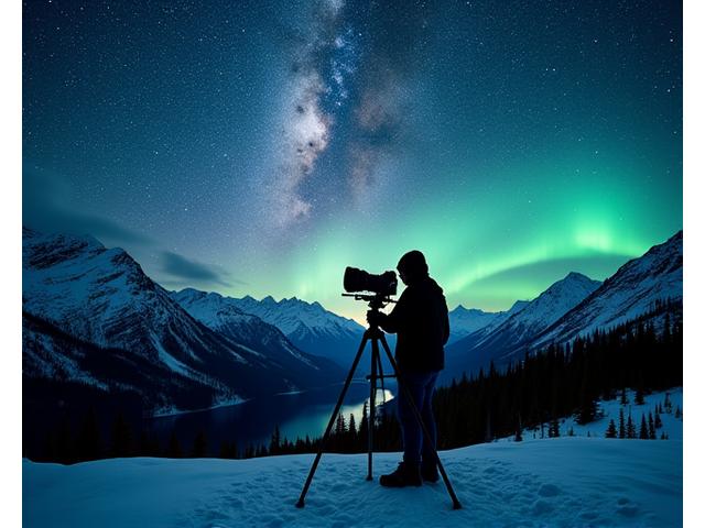 A person operating a camera on a tripod, capturing the Milky Way over snow-covered mountains, with a faint green aurora in the distance.