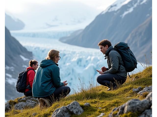 A small group observing alpine flora and fauna near a glacier, guided by an expert on local ecology.