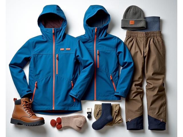 A diverse set of layered outdoor clothing, glacier-specific boots, backpacks, and safety gear neatly arranged for a cold-weather trek.