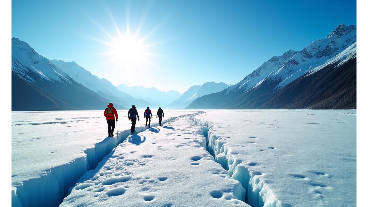 Panoramic view of the Columbia Icefield with a small group of trekkers silhouetted against the vast glacial landscape, guided by a professional.