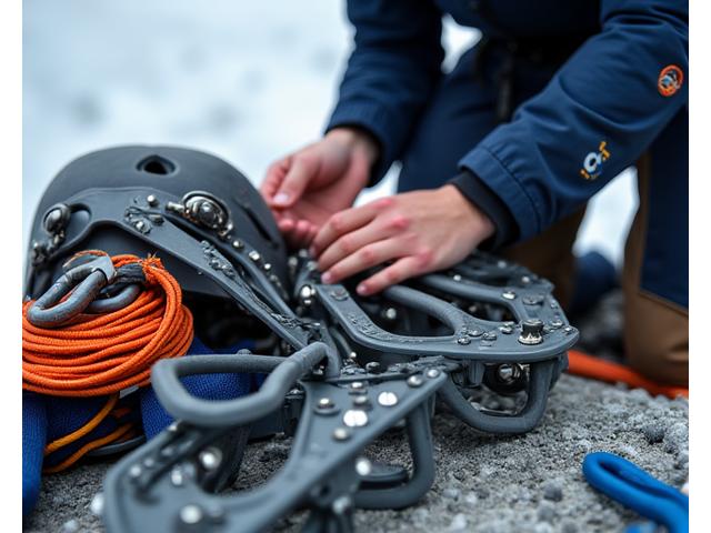 Close-up of a Permafrost Path certified guide inspecting safety equipment like crampons, harnesses, and ropes before a trek.