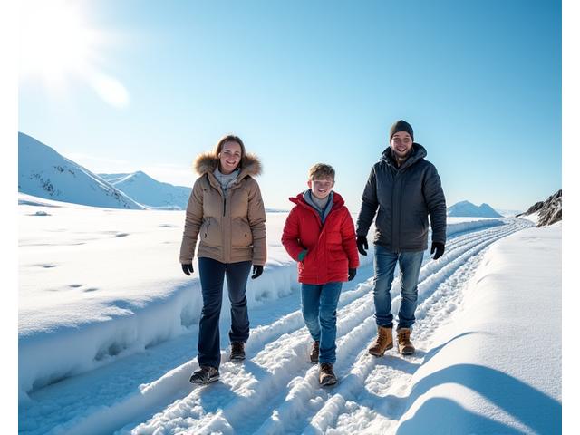 A family smiling while walking on a gentle, accessible glacier path with a certified Permafrost Path guide.