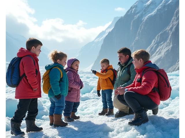 A diverse group of children and adults engaged in a hands-on learning activity about glaciers, with a guide explaining ice features.