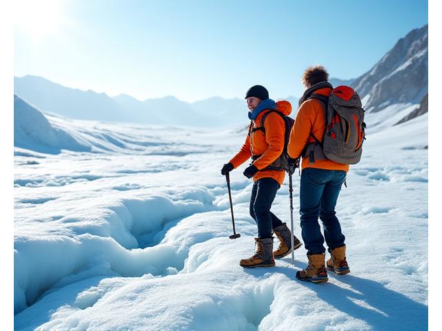 Two hikers in proper gear confidently stepping on an ice field with a glacier axe, supervised by a guide, in the middle of a vast glacial basin.