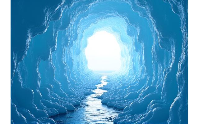 Ice formations resembling sculptures in a crystal-clear ice cave.