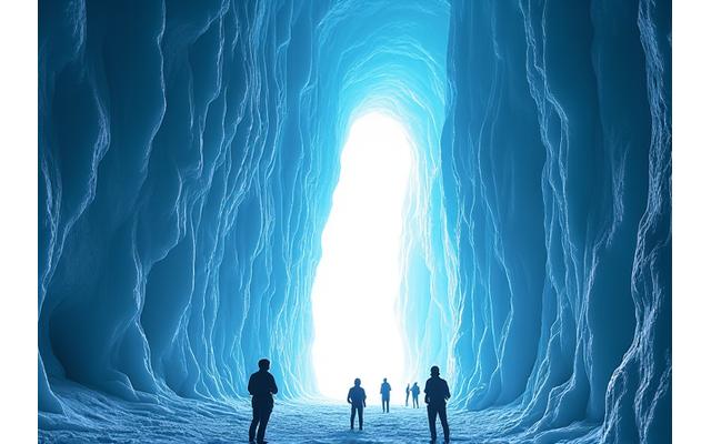 Entrance to a vast ice cave resembling a cathedral with a small group of explorers.