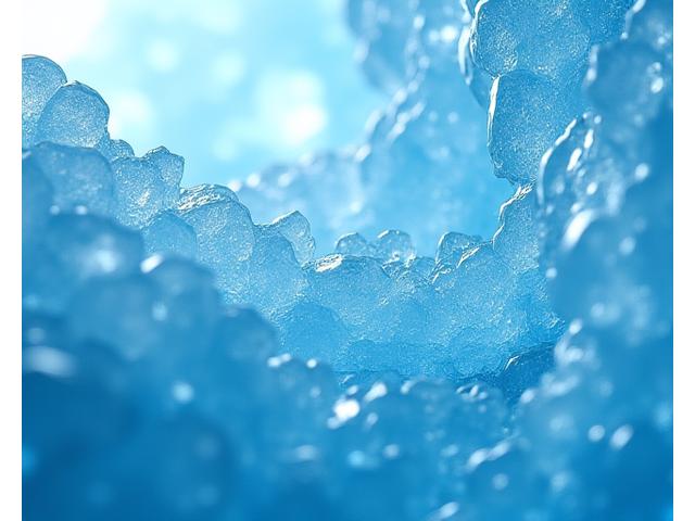 Close-up of intricate blue ice crystals and layers within an ice cave, showing geological patterns.