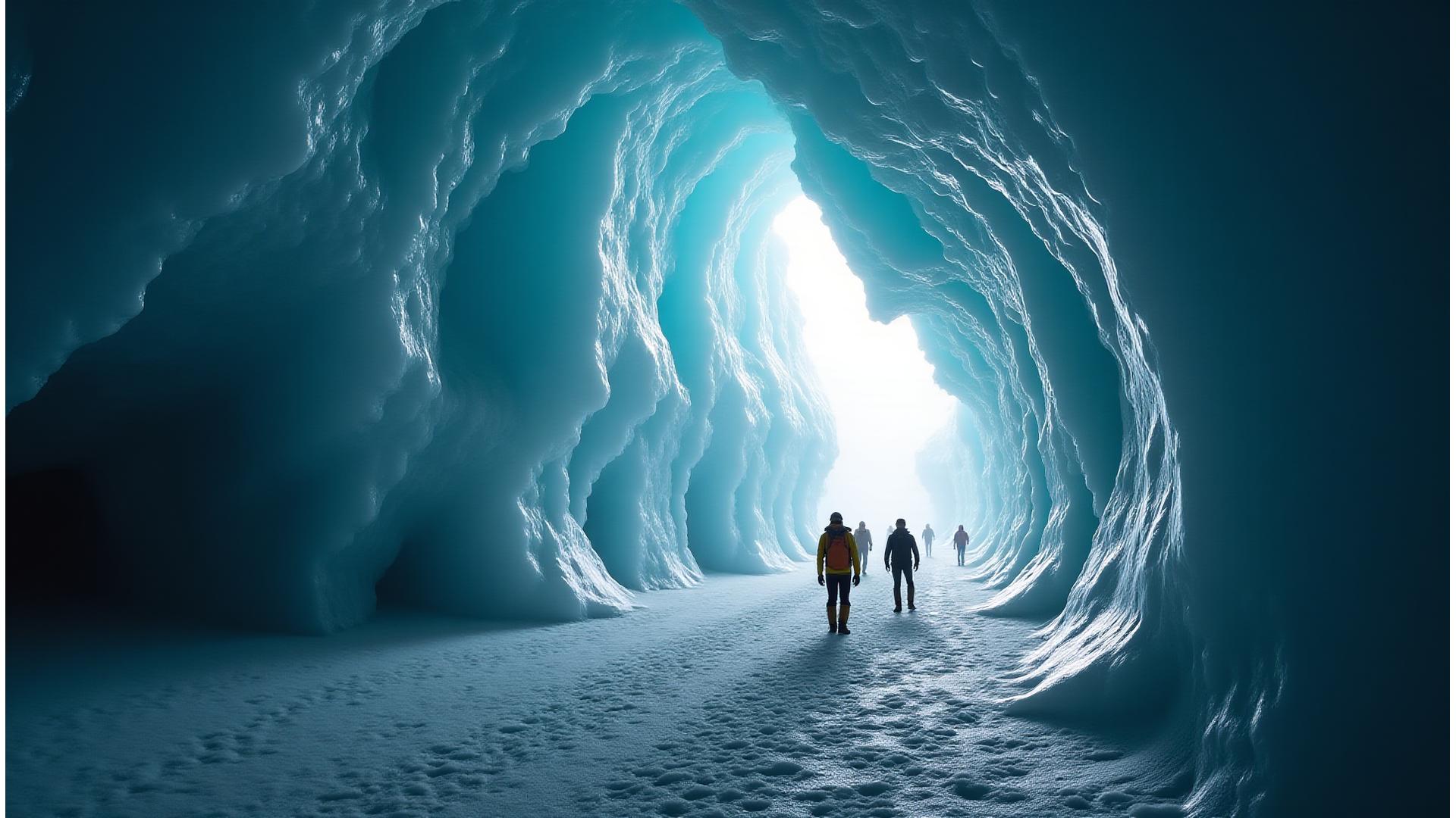 Stunning interior of an ice cave with brilliant blue ice formations and a few small figures of adventurers with headlamps looking up.