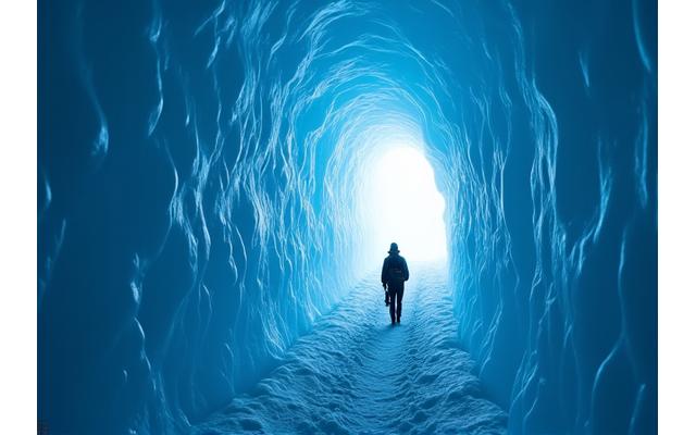 Narrow, winding ice cave passage with glowing blue walls and a guide leading the way.