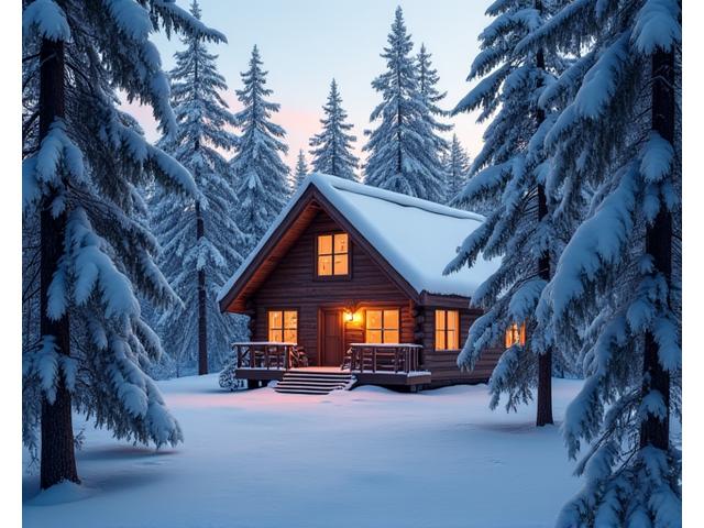 A cozy, rustic wooden cabin nestled among snow-covered pine trees in a remote mountain setting during winter.