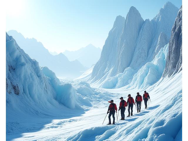 Group of adventurers hiking across a pristine glacier with ice axe and crampons, guided by an expert.