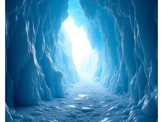 Inside a breathtaking blue ice cave, lit by natural light, showing intricate ice formations.