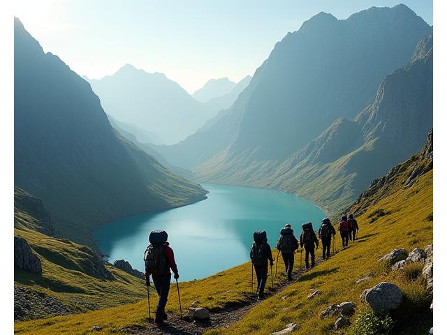 A small group of hikers making their way through a stunning mountain pass, tents pitched in the distance, bathed in morning light.
