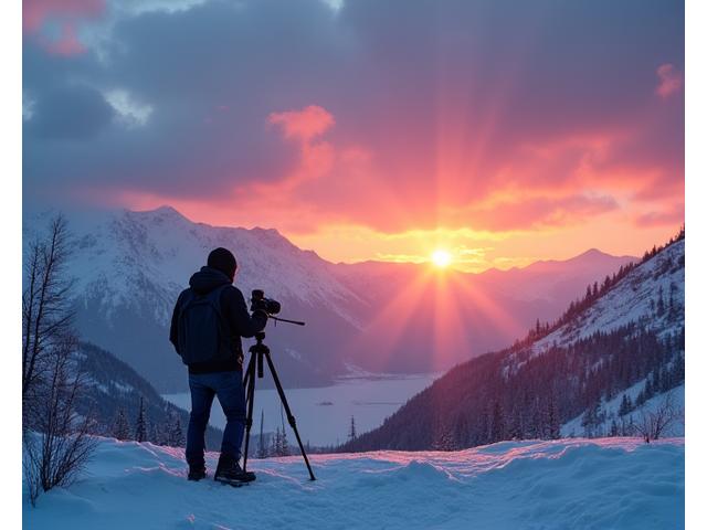 A photographer silhouetted against a vibrant sunset over a snowy mountain range, tripod set up.