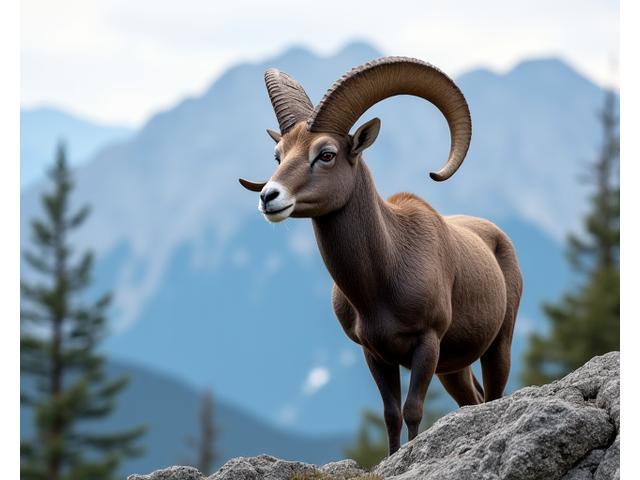 A majestic Bighorn Sheep standing gracefully on a rocky outcrop in the Canadian Rockies, looking into the distance.