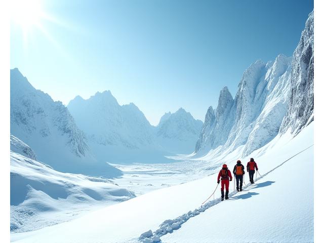 A team of mountaineers roped together, crossing a vast, snow-covered icefield with towering peaks in the background under a blue sky.