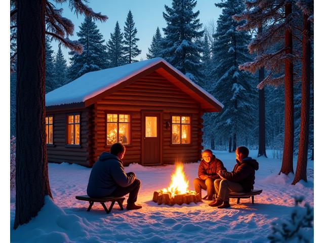 A small group enjoying a fire pit outside a beautifully lit, remote log cabin at dusk, surrounded by dense forest and snow.