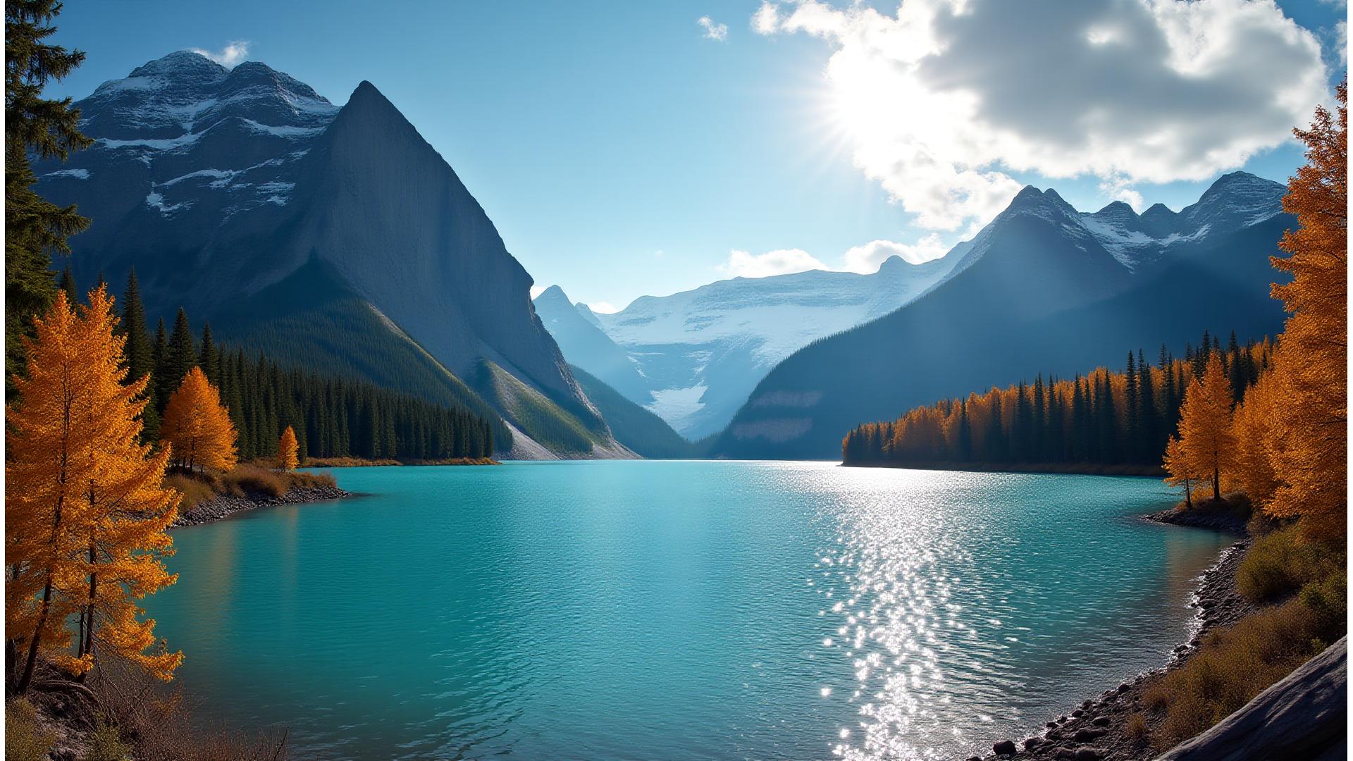 Panoramic view of the majestic Canadian Rockies with a shimmering blue glacial lake and vibrant autumn foliage under a clear sky.