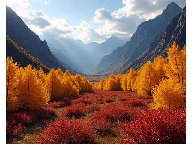 A valley in the Canadian Rockies ablaze with golden larch trees and crimson shrubs during autumn, under a partly cloudy sky.