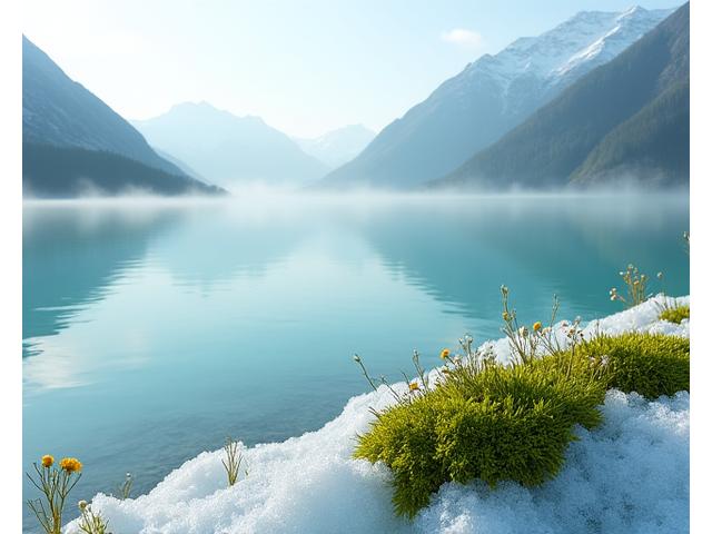 Melting snow revealing vibrant green moss and wildflowers at the edge of a turquoise glacial lake in spring.