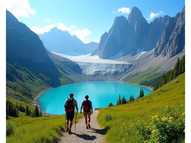 Hikers on a well-maintained trail leading towards a bright blue glacial lake and towering peaks under a clear summer sky.