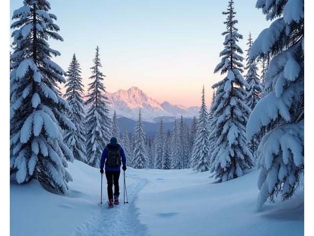 Snow-covered forest with soft fresh snow, a lone adventurer on snowshoes, and distant mountain peaks during winter sunrise.