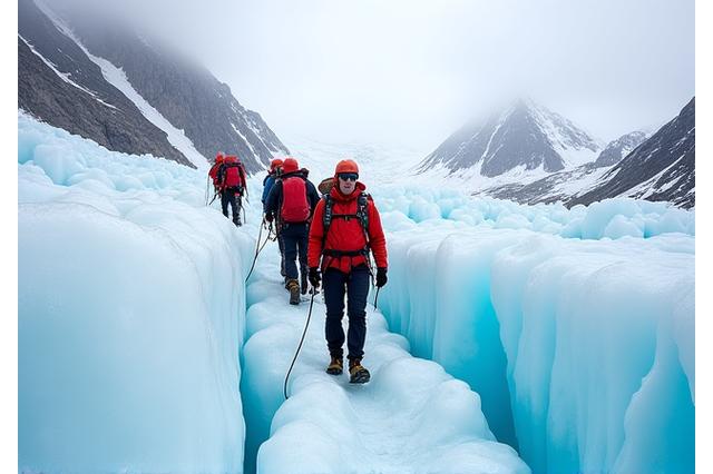 Expedition group carefully descending a pristine glacier with ropes and ice axes, guided by an expert, showcasing technical skill.
