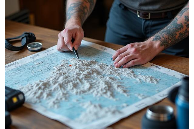 Experienced guide planning a route on a topographical map, surrounded by expedition gear, emphasizing meticulous preparation and professional logistics for multi-day trips.