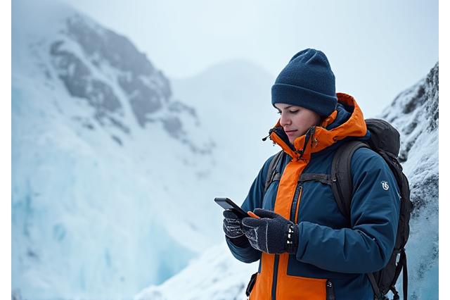 Experienced mountain guide using a satellite communication device in a remote, snowy wilderness setting, emphasizing reliable safety and emergency protocols.