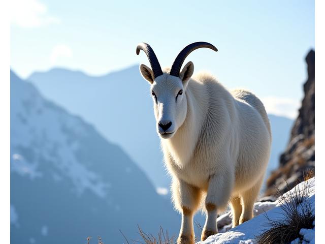 A majestic mountain goat with large horns stands confidently on an alpine ridge, backlit by soft morning light, embodying grace and the wilderness of the Canadian Rockies.