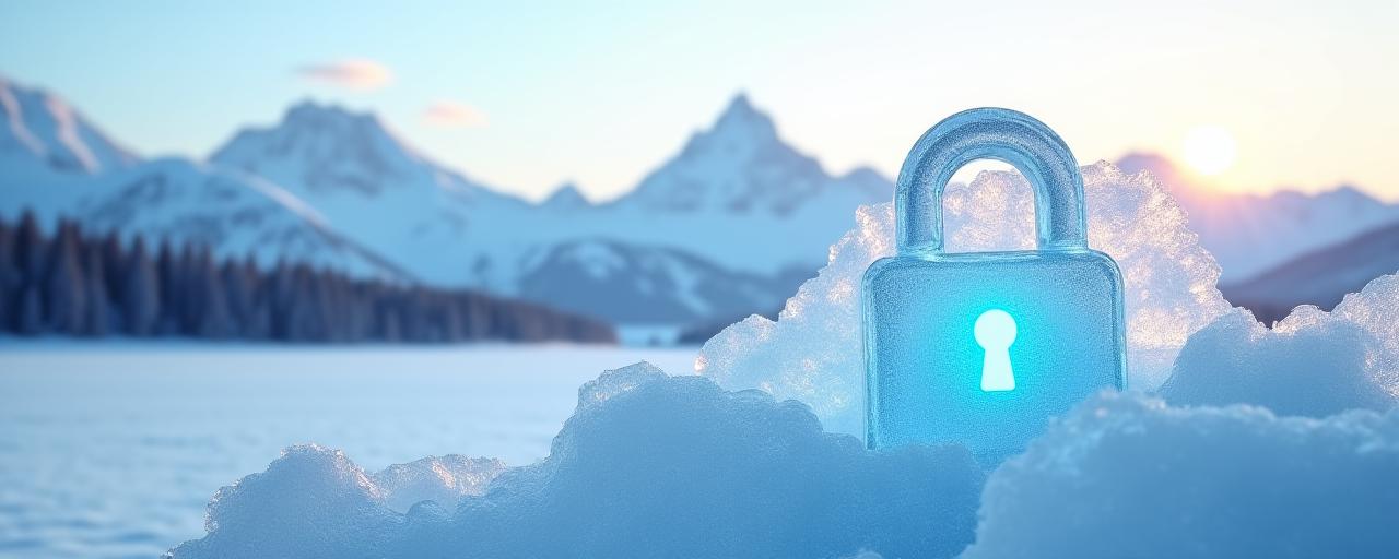 Illustration of digital lock and mountain landscape, representing data security in a natural wilderness context.