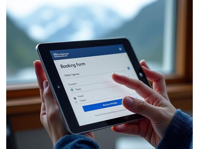 Close-up of a hand filling out a digital form on a tablet, surrounded by subtle glacial ice textures.