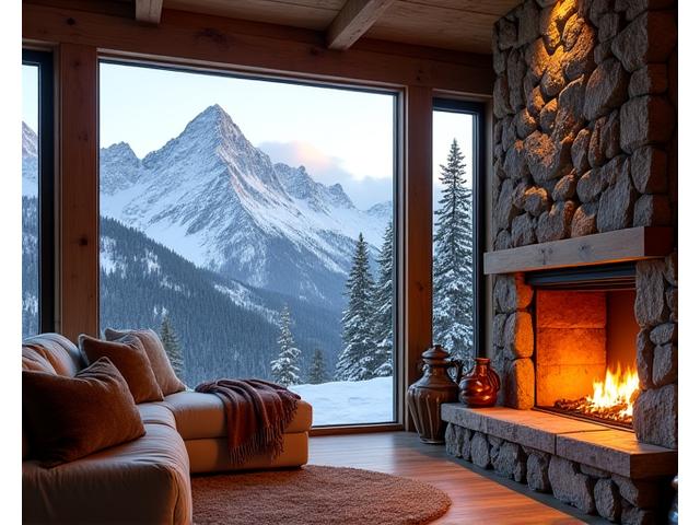 Rustic yet luxurious alpine cabin interior with a stone fireplace, large windows overlooking snowy peaks, and warm, inviting decor.