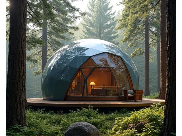 Unique geodesic dome cabin tucked away in an old-growth forest, illuminated by soft morning light filtering through the trees.