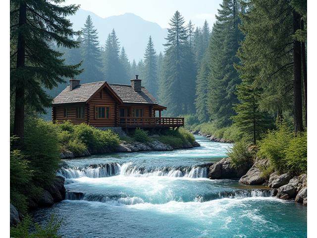 Charming log cabin situated by a rapidly flowing glacial river, surrounded by dense pine forests under a crisp blue sky.
