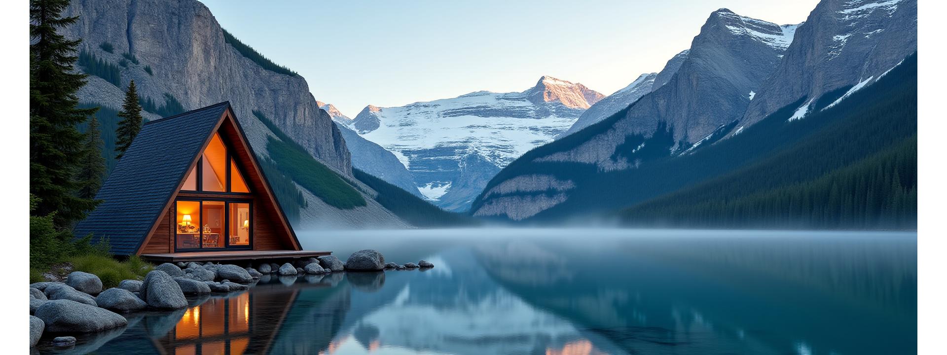 Cozy remote cabin with an A-frame roof, nestled beside a still, turquoise lake with imposing snow-capped Canadian Rocky Mountains in the background under a clear blue sky.