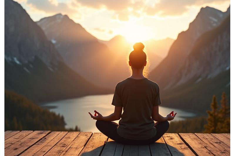 A person meditating serenely on a wooden deck outside a cabin, overlooking a vast, peaceful mountain landscape at sunrise.