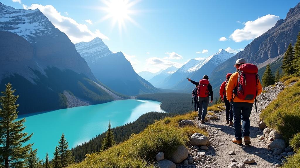 A small group of hikers with backpacks, accompanied by a guide, traversing a rocky mountain trail with a stunning glacial valley in the background.