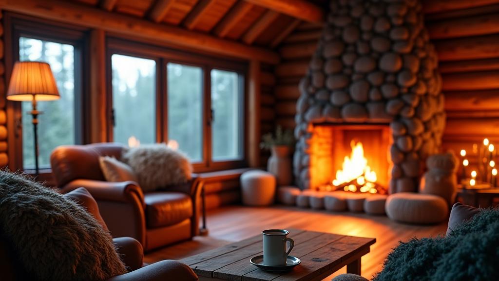 A warm, inviting cabin interior with a crackling wood fire, comfortable seating, and soft lighting, emphasizing coziness in the wilderness.