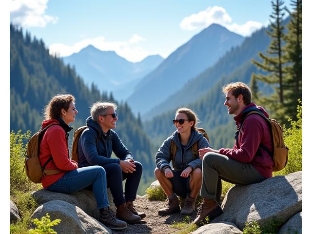 A diverse group of solo travelers in deep conversation during a break on a mountain trail, sharing insights and laughter.