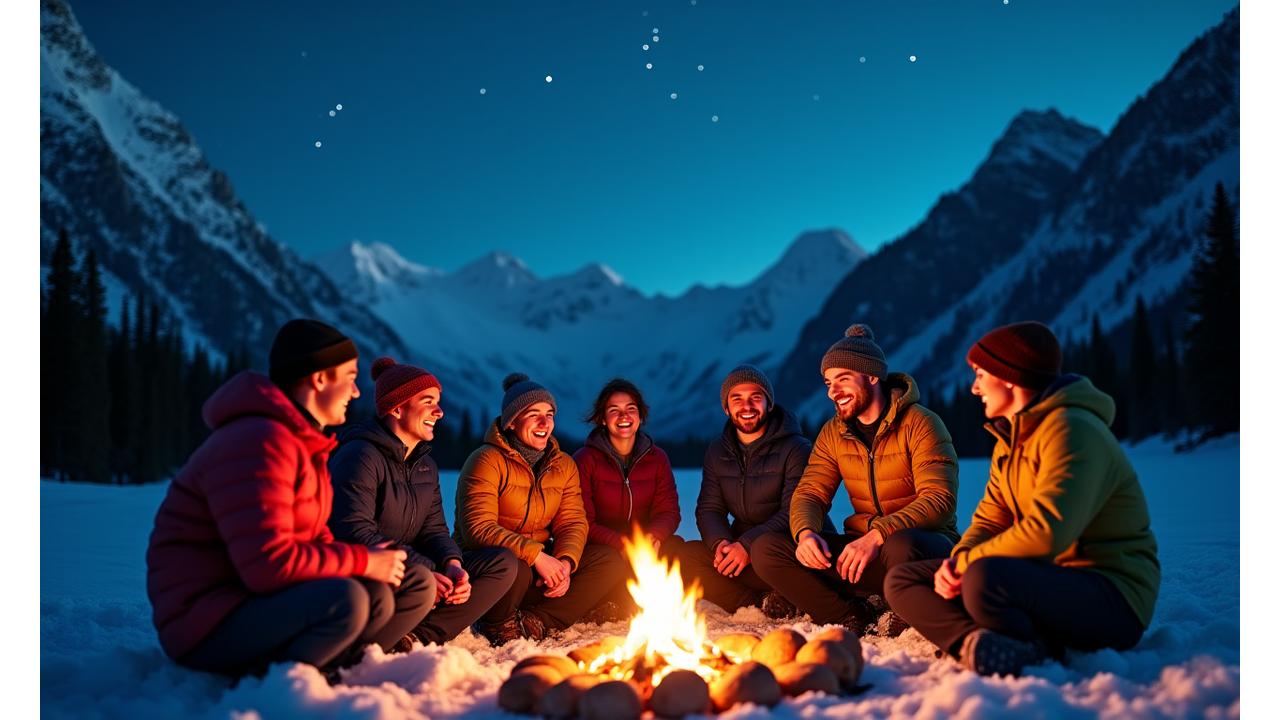 Solo adventurers connecting and laughing around a campfire in the Canadian Rockies under a starry sky, surrounded by towering peaks.