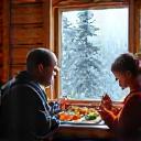 Two travelers sharing a meal at a remote cabin, illustrating cost-sharing.